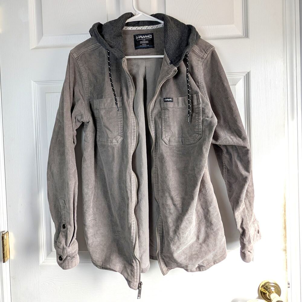 Tony Hawk Men's Corduroy Hooded Full-Zip Jacket Shacket Grey Size L